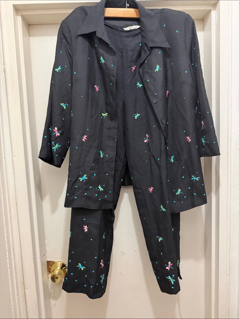 Black Kids' Pajama Set with Pink & Teal Embroidery - Classic Button-Front